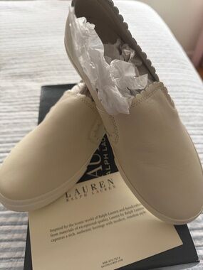 Lauren Ralph Lauren Scalloped Trim Slip-On Sneakers in Beige